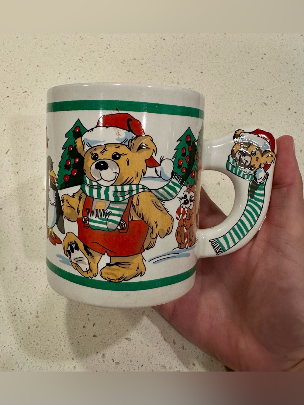 Vintage Christmas Teddy Bear Mug 3D Handle Woodland Animals Holiday Coffee Cup